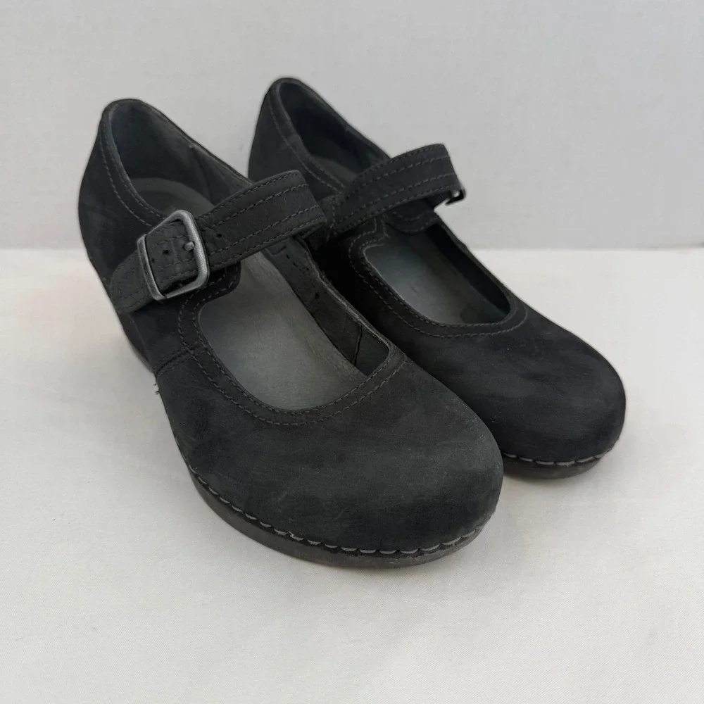 Dansko Black Nubuck Leather Mary Jane Wedge Heels 1251107200 Size 38